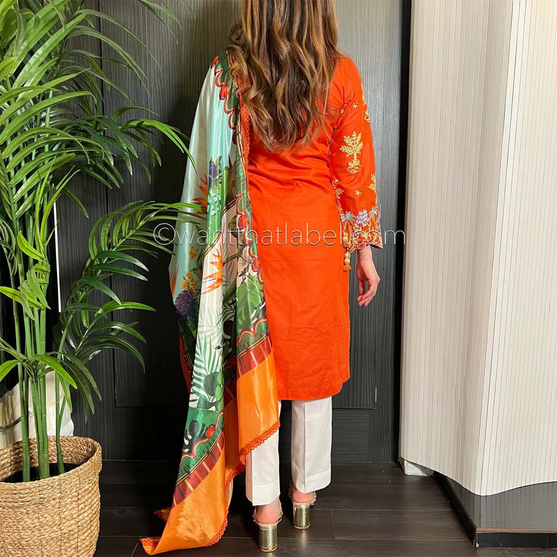 Orange White Embroidered Chikankari Lawn Suit