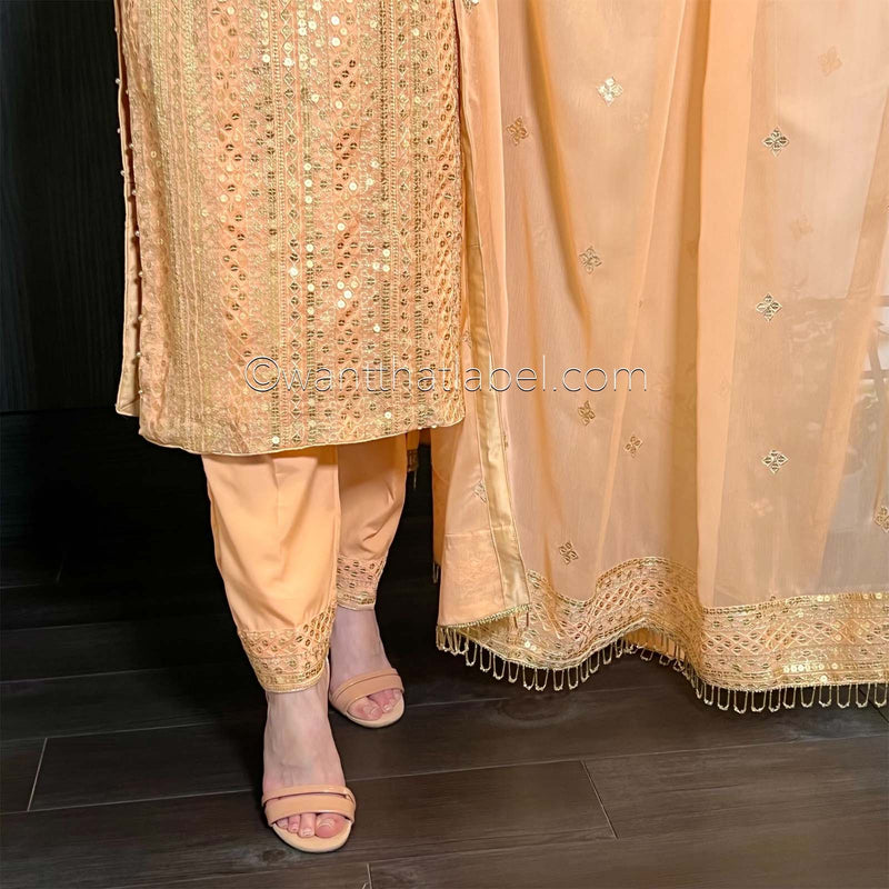 Peach Gold Hand Embroidered Chiffon Suit