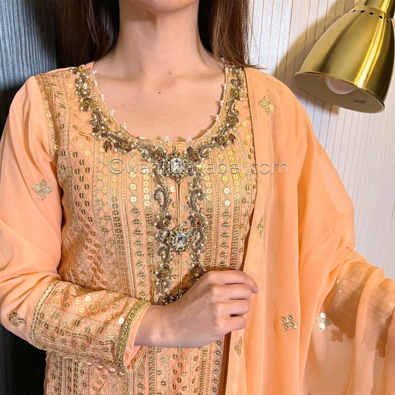 Peach Gold Hand Embroidered Chiffon Suit