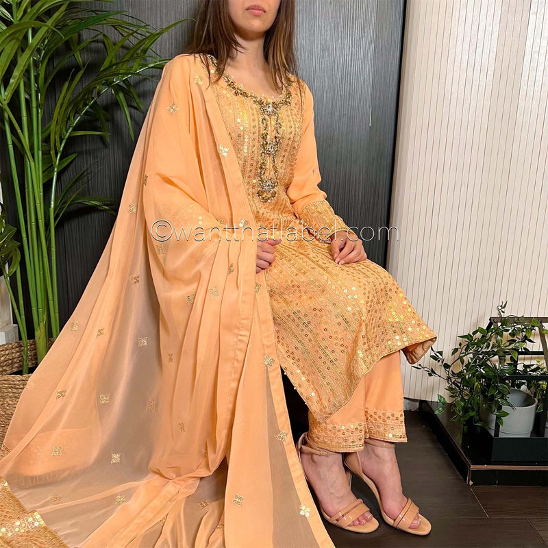 Peach Gold Hand Embroidered Chiffon Suit