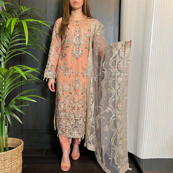 Peach Pink Heavily Embroidered Handwork Net Suit