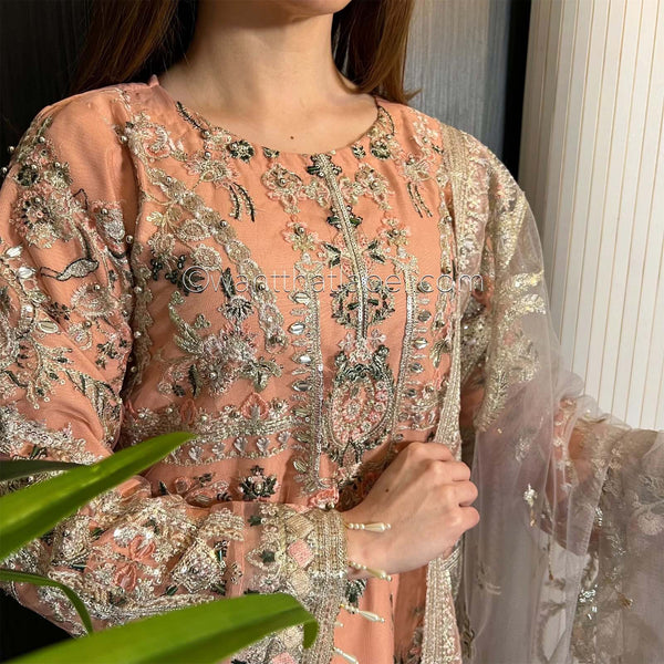 Peach Pink Heavily Embroidered Handwork Net Suit