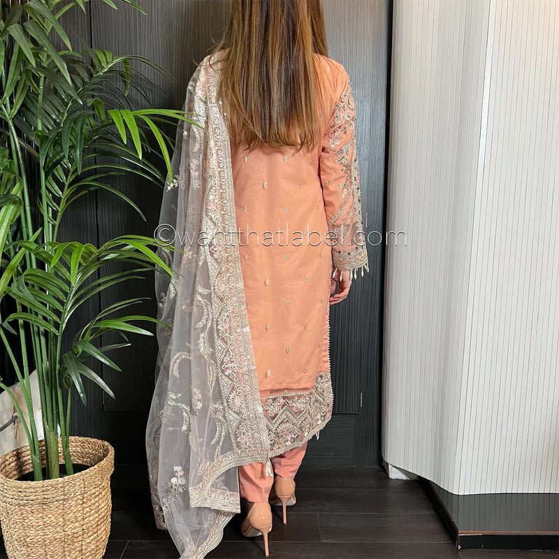 Peach Pink Heavily Embroidered Handwork Net Suit