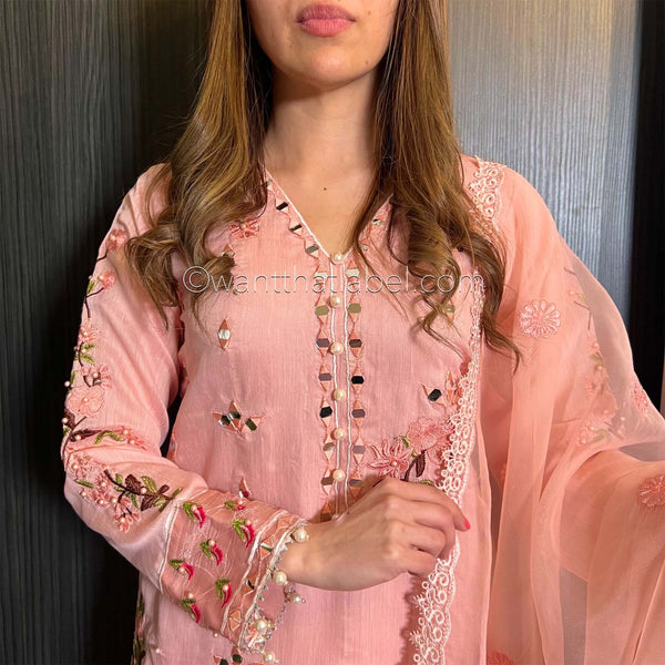 Pink Heavily Embroidered Mirror Khadi Net Suit