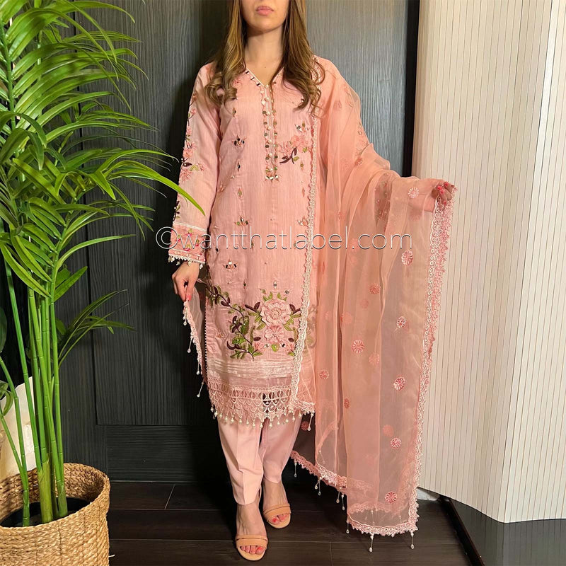 Pink Heavily Embroidered Mirror Khadi Net Suit
