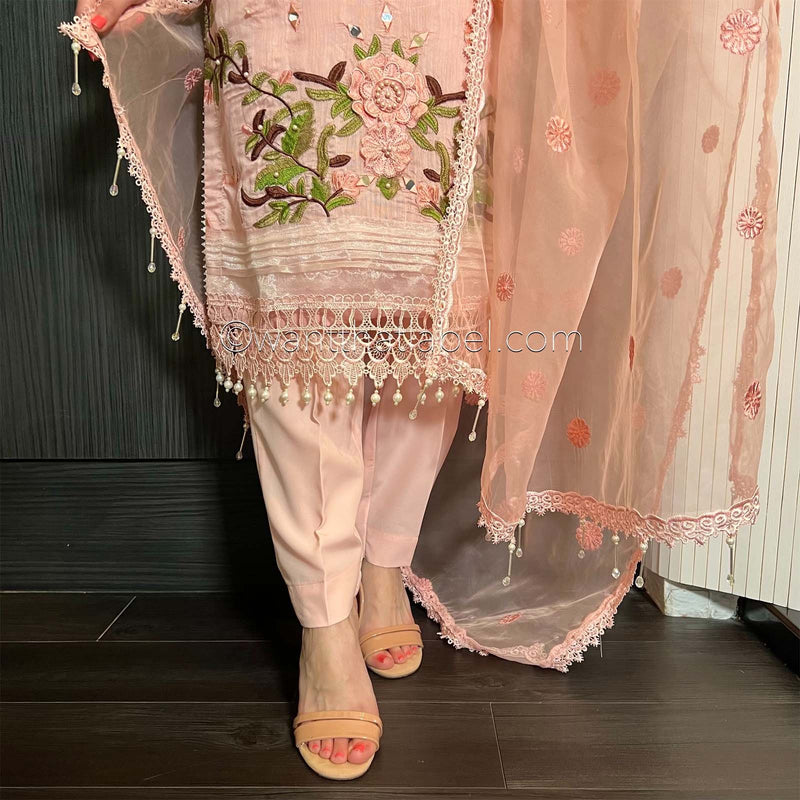 Pink Heavily Embroidered Mirror Khadi Net Suit