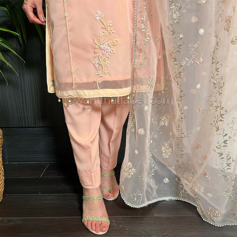 Pink White Pearl Embroidered Organza Suit