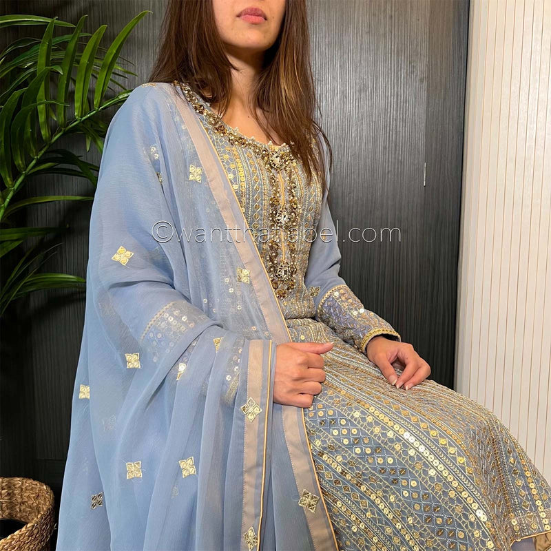 Powder Blue Gold Hand Embroidered Chiffon Suit