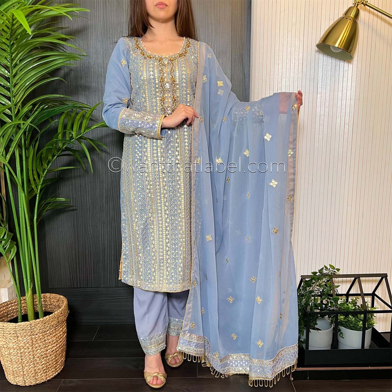 Powder Blue Gold Hand Embroidered Chiffon Suit