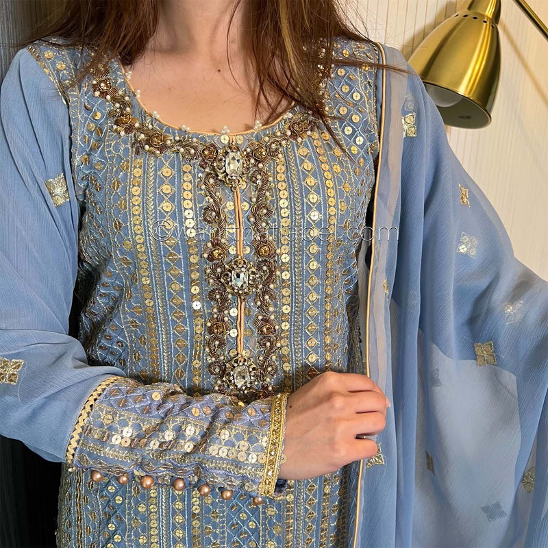 Powder Blue Gold Hand Embroidered Chiffon Suit