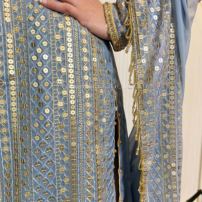 Powder Blue Gold Hand Embroidered Chiffon Suit