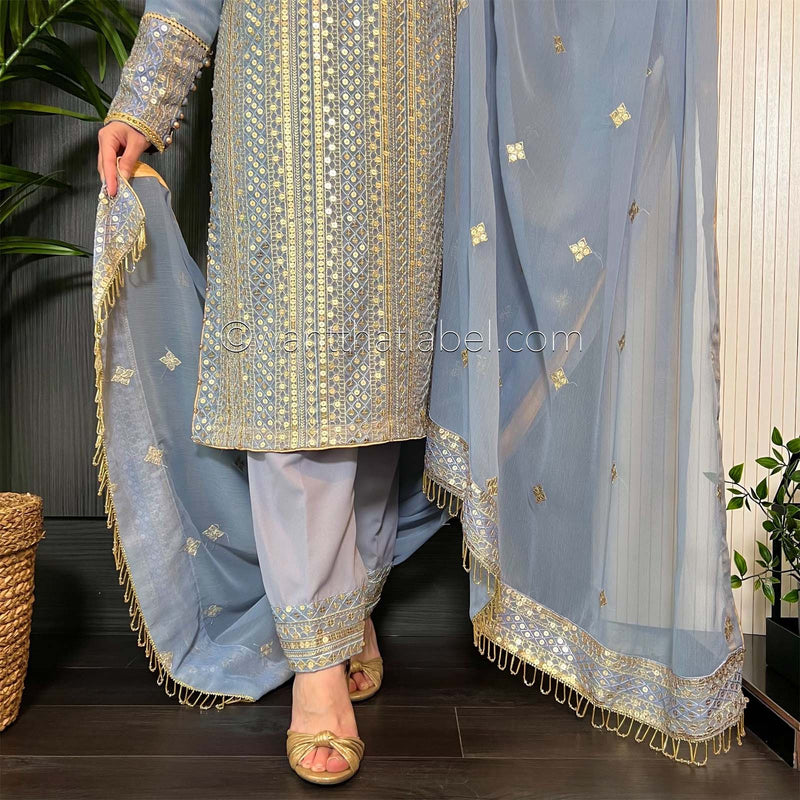 Powder Blue Gold Hand Embroidered Chiffon Suit