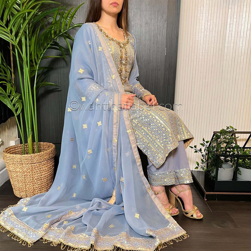 Powder Blue Gold Hand Embroidered Chiffon Suit