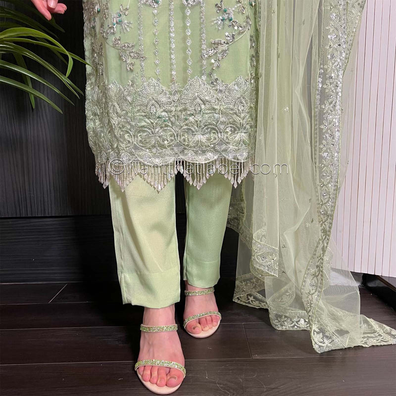 Prêt Green Silver Heavily Embroidered Organza Suit