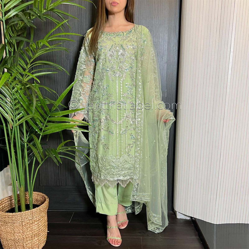 Prêt Green Silver Heavily Embroidered Organza Suit