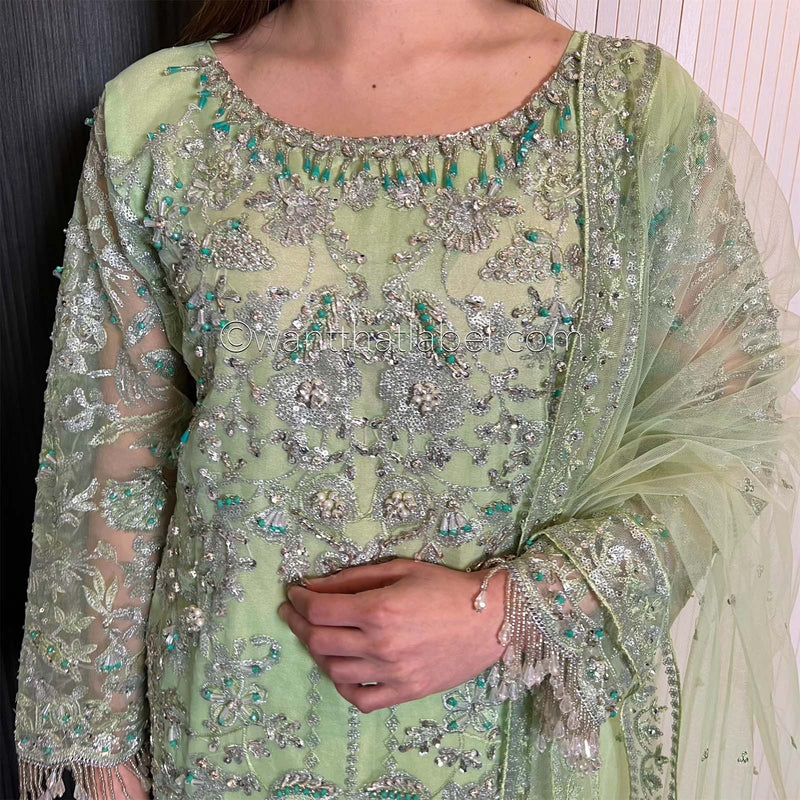Prêt Green Silver Heavily Embroidered Organza Suit