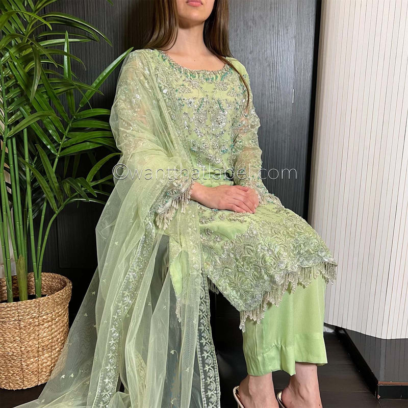 Prêt Green Silver Heavily Embroidered Organza Suit