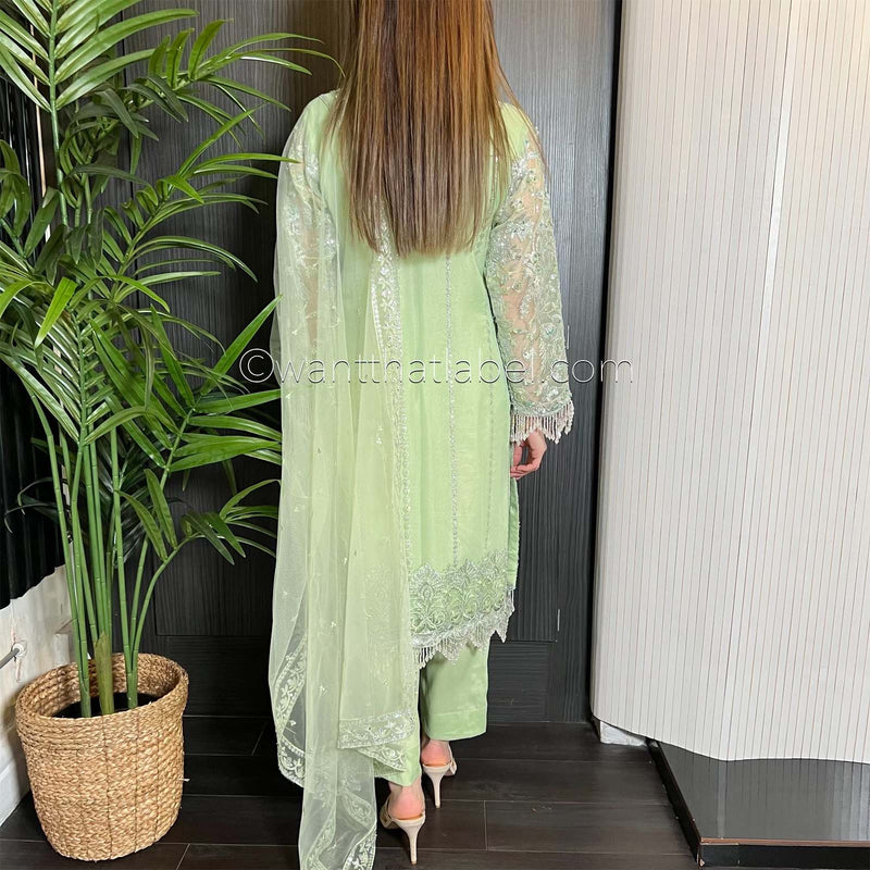 Prêt Green Silver Heavily Embroidered Organza Suit