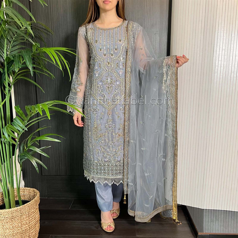 Prêt Grey Antique Gold Heavily Embroidered Organza Suit
