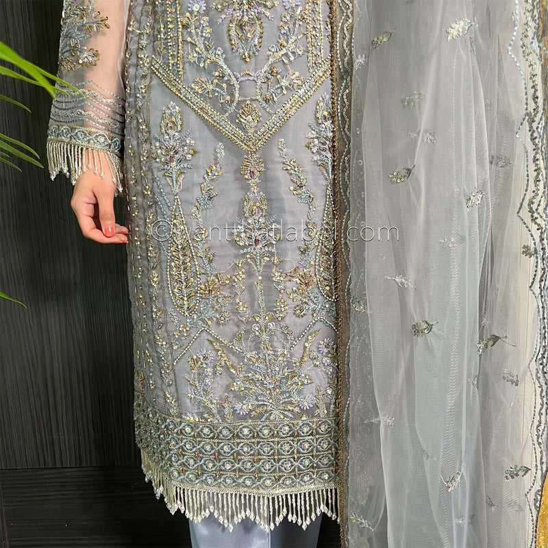 Prêt Grey Antique Gold Heavily Embroidered Organza Suit