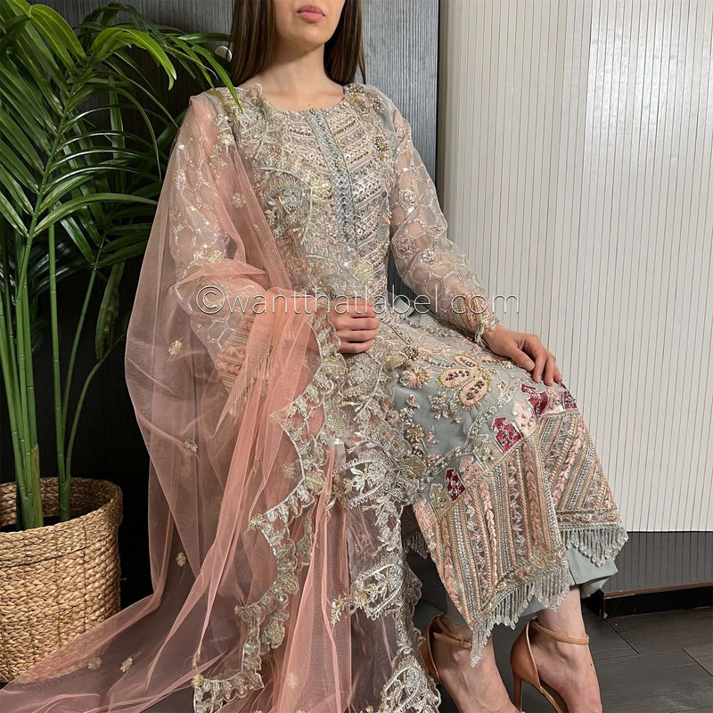 Prêt Grey Pink Heavily Embroidered Organza Suit