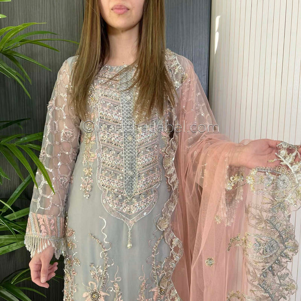 Prêt Grey Pink Heavily Embroidered Organza Suit