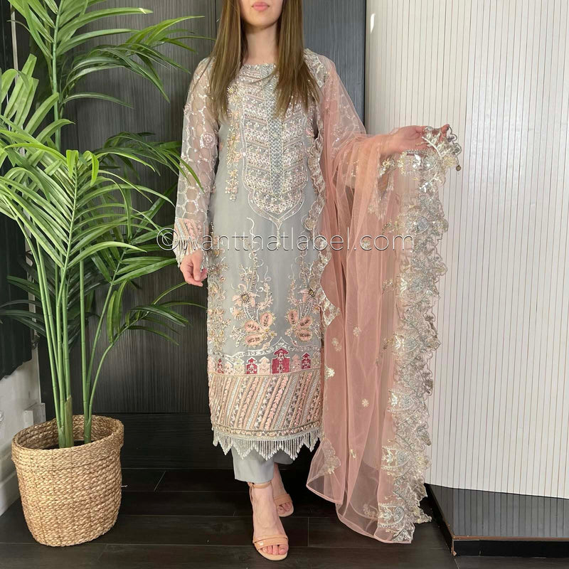 Prêt Grey Pink Heavily Embroidered Organza Suit