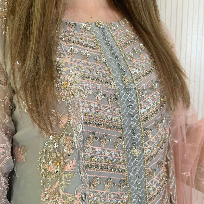 Prêt Grey Pink Heavily Embroidered Organza Suit