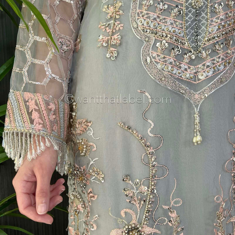 Prêt Grey Pink Heavily Embroidered Organza Suit