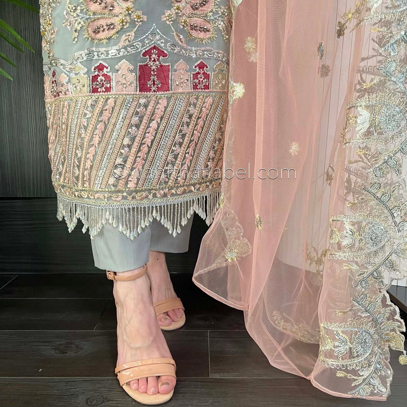 Prêt Grey Pink Heavily Embroidered Organza Suit
