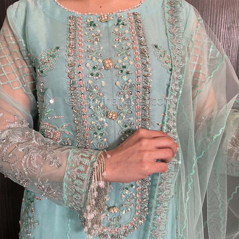 Prêt Ice Blue Heavily Embroidered Organza Suit