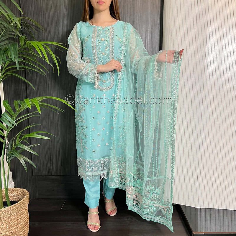 Prêt Ice Blue Heavily Embroidered Organza Suit