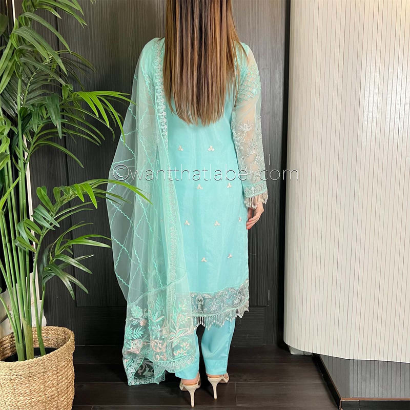 Prêt Ice Blue Heavily Embroidered Organza Suit