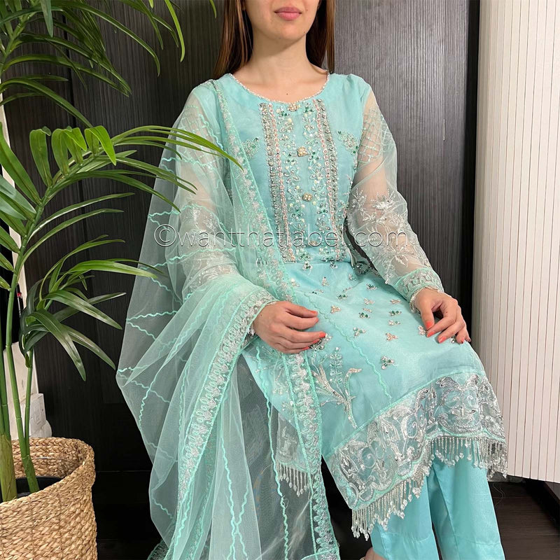 Prêt Ice Blue Heavily Embroidered Organza Suit