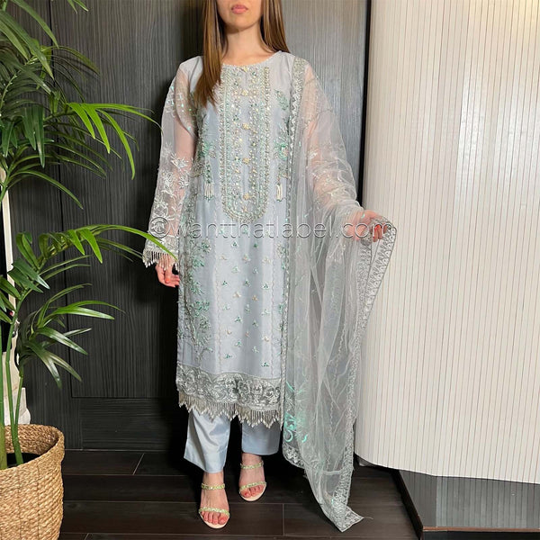 Prêt Ice Grey Heavily Embroidered Organza Suit