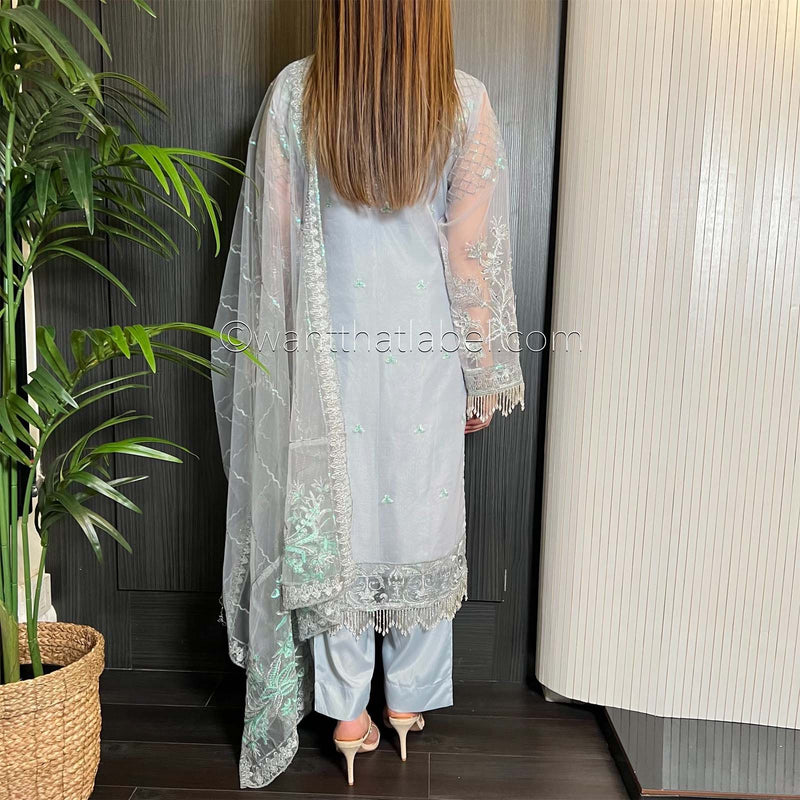 Prêt Ice Grey Heavily Embroidered Organza Suit