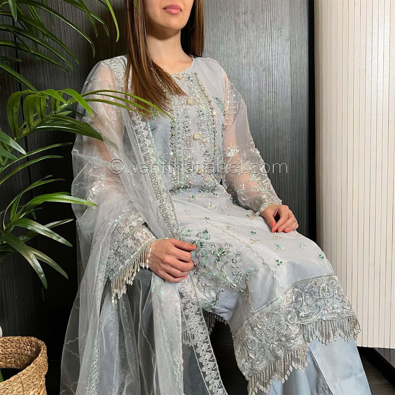 Prêt Ice Grey Heavily Embroidered Organza Suit