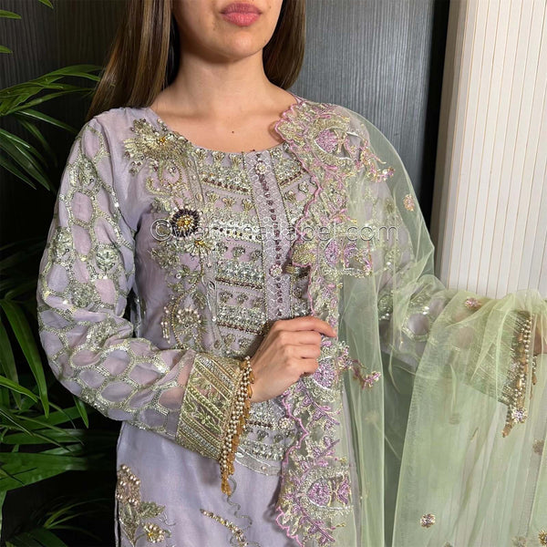 Prêt Lilac Green Heavily Embroidered Organza Suit