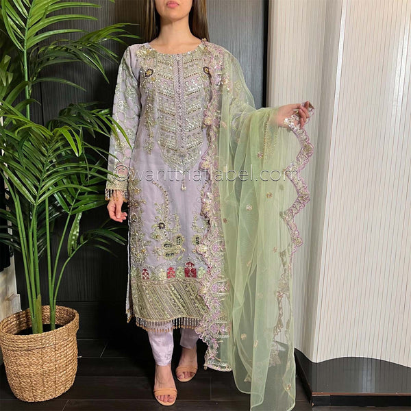 Prêt Lilac Green Heavily Embroidered Organza Suit