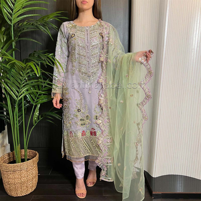 Prêt Lilac Green Heavily Embroidered Organza Suit
