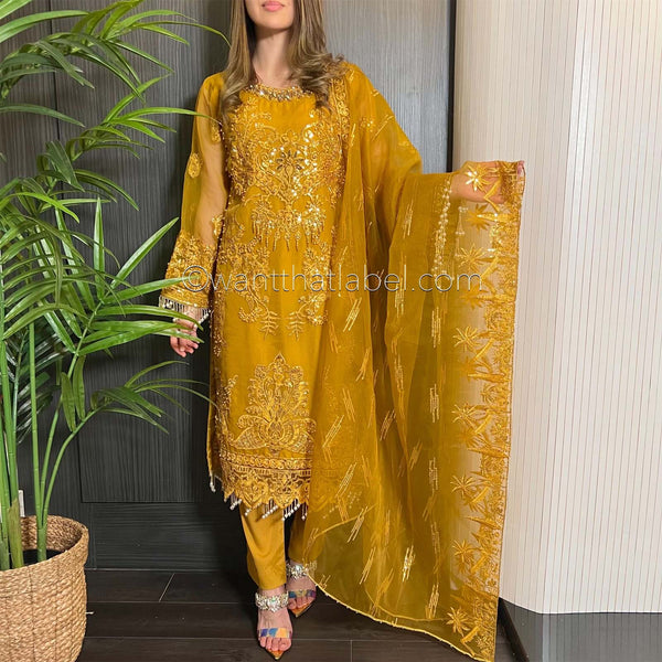 Prêt Mustard Heavily Embroidered Organza Suit