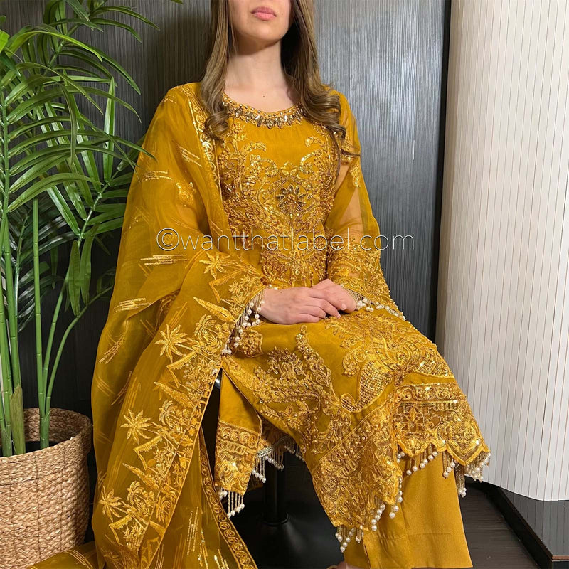 Prêt Mustard Heavily Embroidered Organza Suit