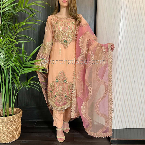 Prêt Peach Pink Heavily Embroidered Organza Suit