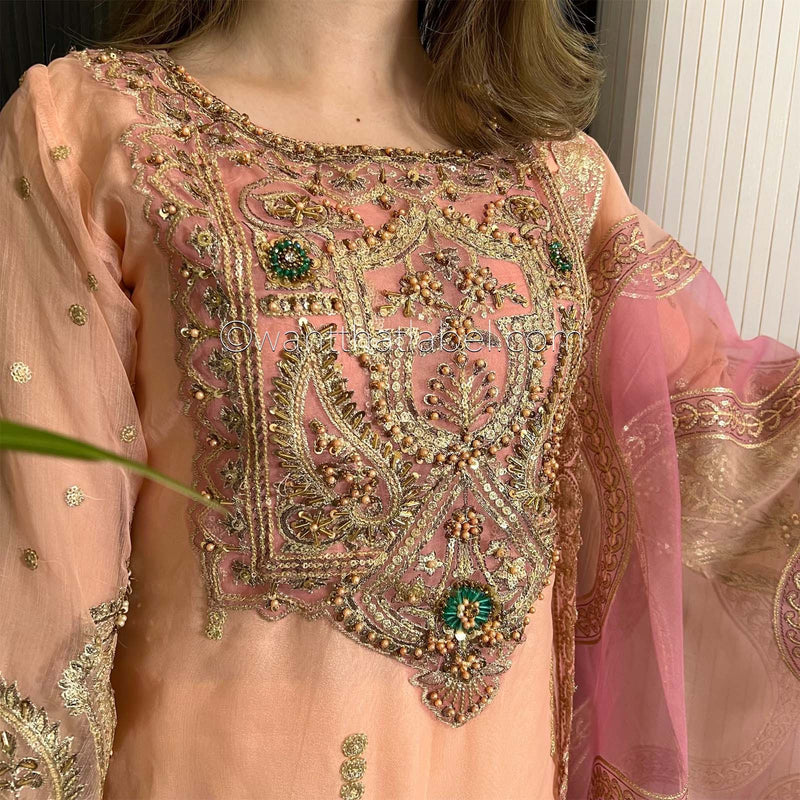 Prêt Peach Pink Heavily Embroidered Organza Suit
