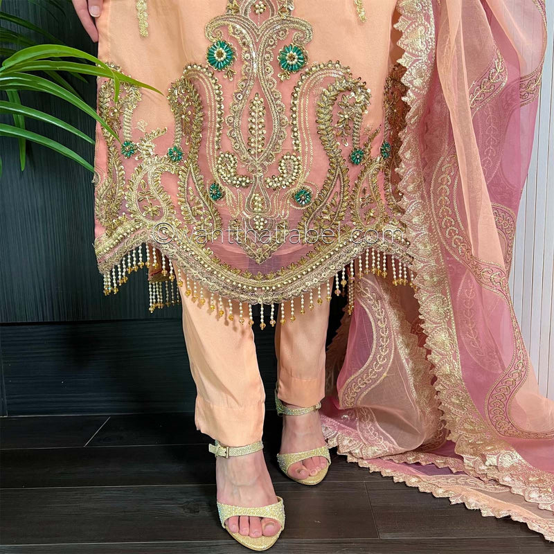 Prêt Peach Pink Heavily Embroidered Organza Suit