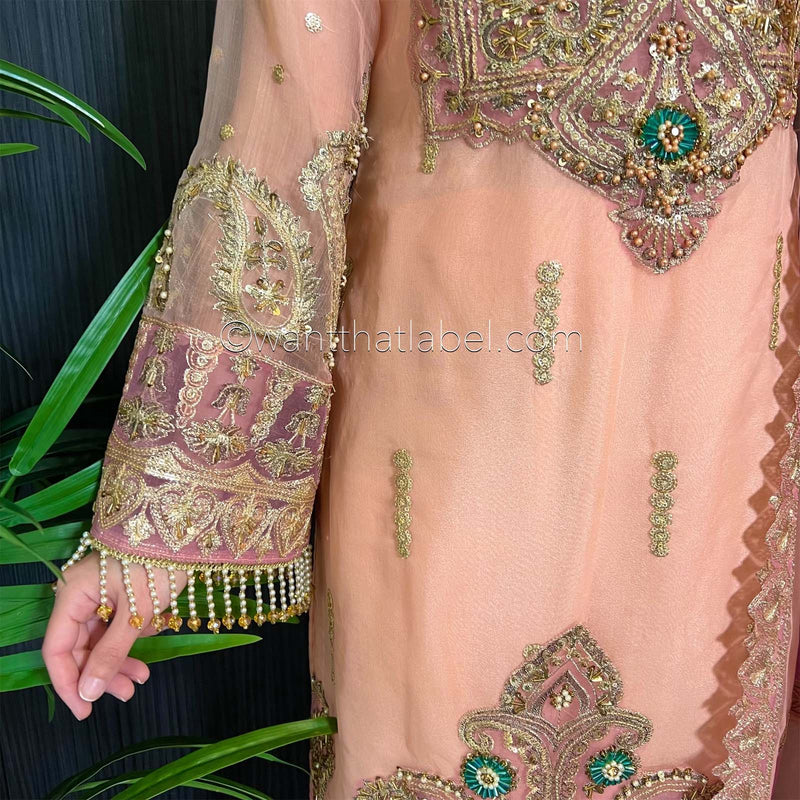 Prêt Peach Pink Heavily Embroidered Organza Suit
