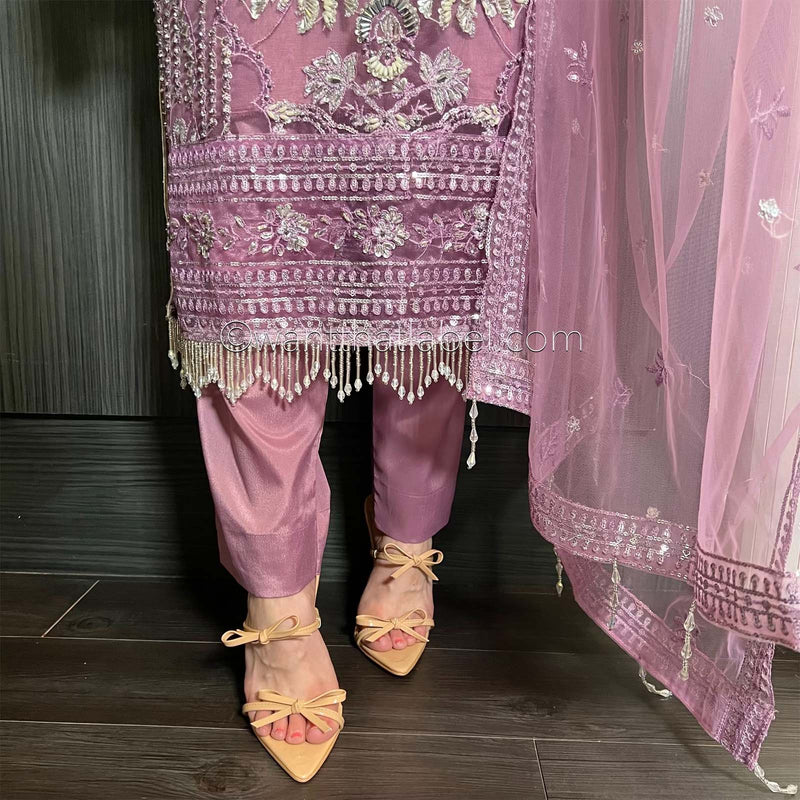 Prêt Powder Pink Heavily Embroidered Net Suit