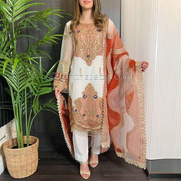 Prêt White Orange Heavily Embroidered Organza Suit