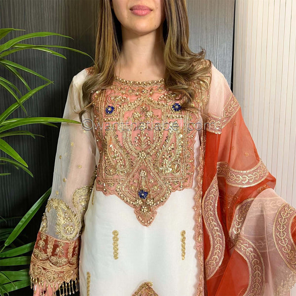 Prêt White Orange Heavily Embroidered Organza Suit