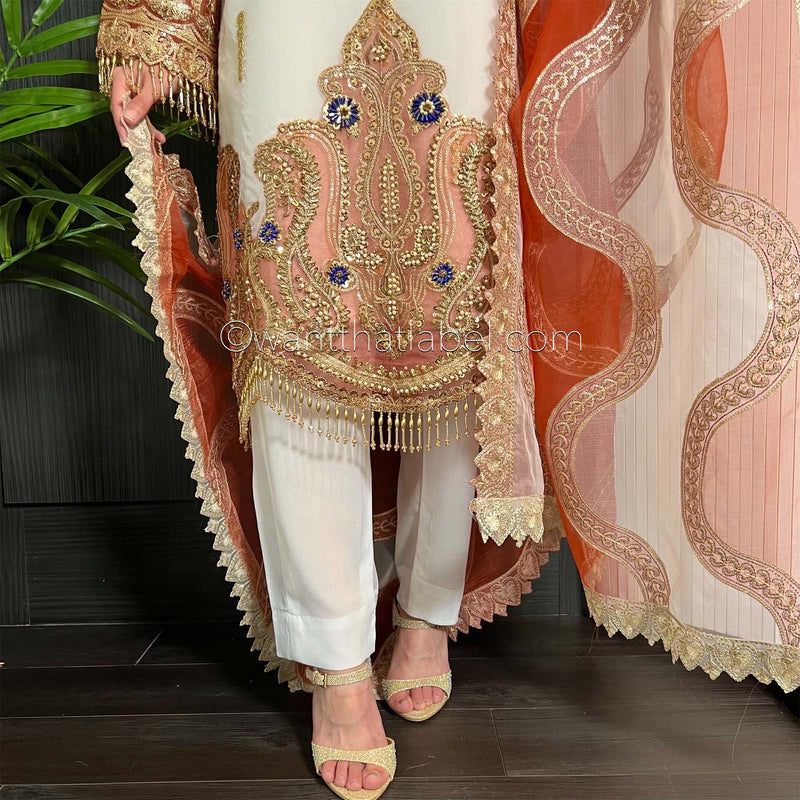 Prêt White Orange Heavily Embroidered Organza Suit